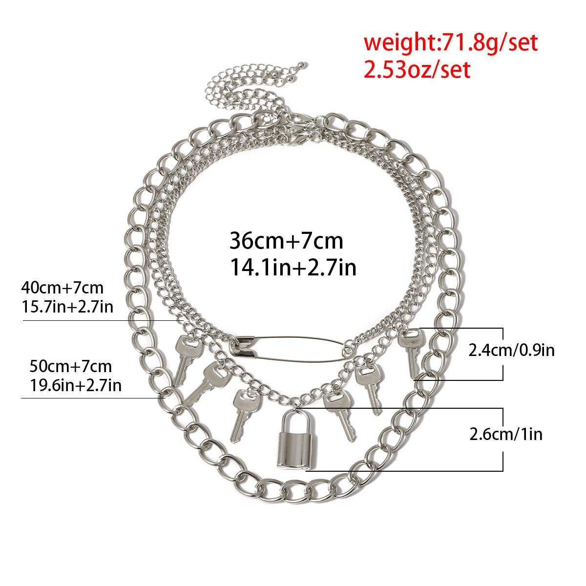 Jewelry hip-hop punk trendy cool pin necklace retro multi-key lock pendant necklace female