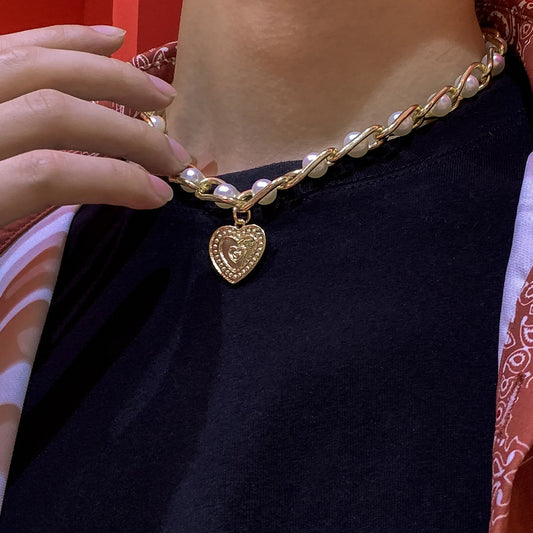 Jewelry retro inlaid pearl chain men's necklace hip-hop trendy cool metal peach heart-shaped necklace female
