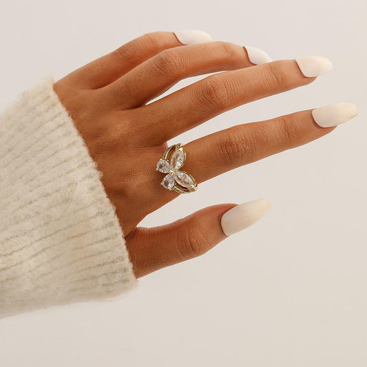 Hong Kong fashion all-match exaggerated style ladies ring zircon big butterfly opening copper micro-inlaid zircon ring