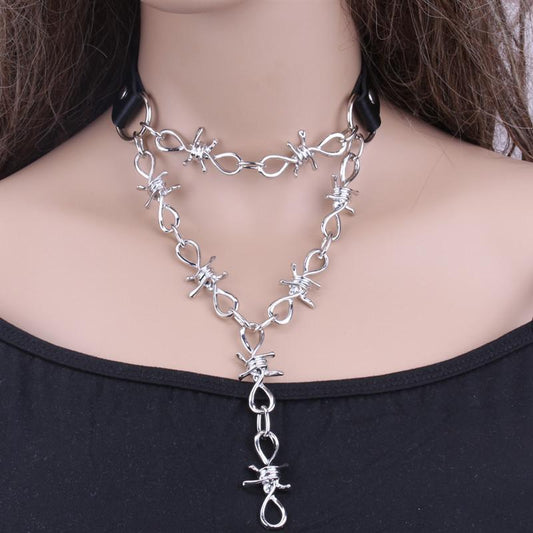 Jewelry personality exaggerated thorns PU metal pendant retro punk multi-layer geometric lock necklace