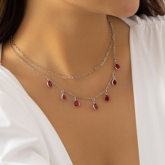 Jewelry Retro Design Water Drop Ruby Rhinestone Necklace Temperament Cross Chain Stacked Necklace