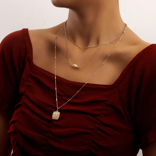 Jewelry ins multi-layer spider web pearl square pendant necklace female Xiaoxiang trend necklace