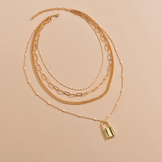 Multilayer Necklace Female Creative Retro Simple Alloy Lock Pendant Thick Chain Necklace Jewelry