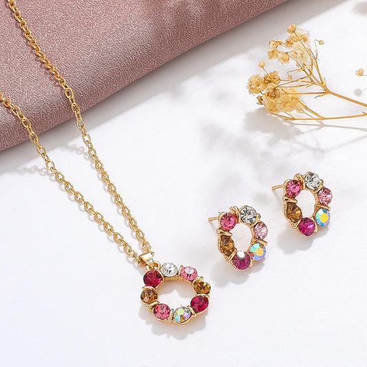 Ins color diamond jewelry set women's fashion personality temperament hollow out round pendant necklace earrings set tide