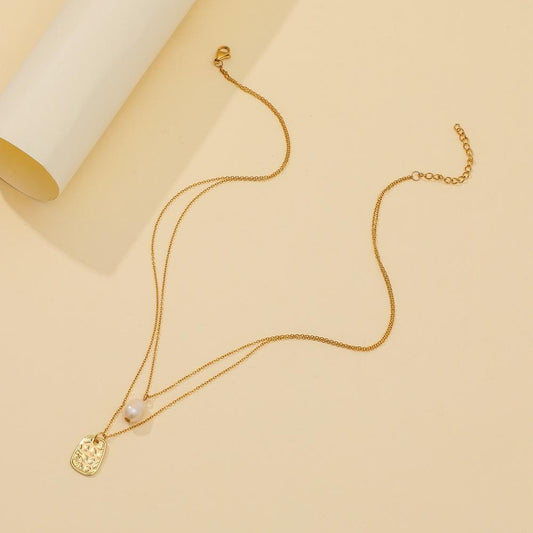 Vacuum gold-plated jewelry UV metal tag temperament freshwater pearl double-layer stainless steel necklace