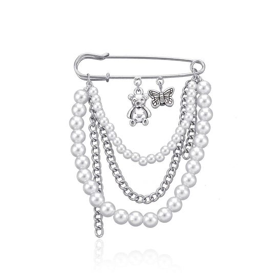 Jewelry Butterfly Bear Pearl Chain Brooch Trendy Multi-element Retro Brooch Accessories