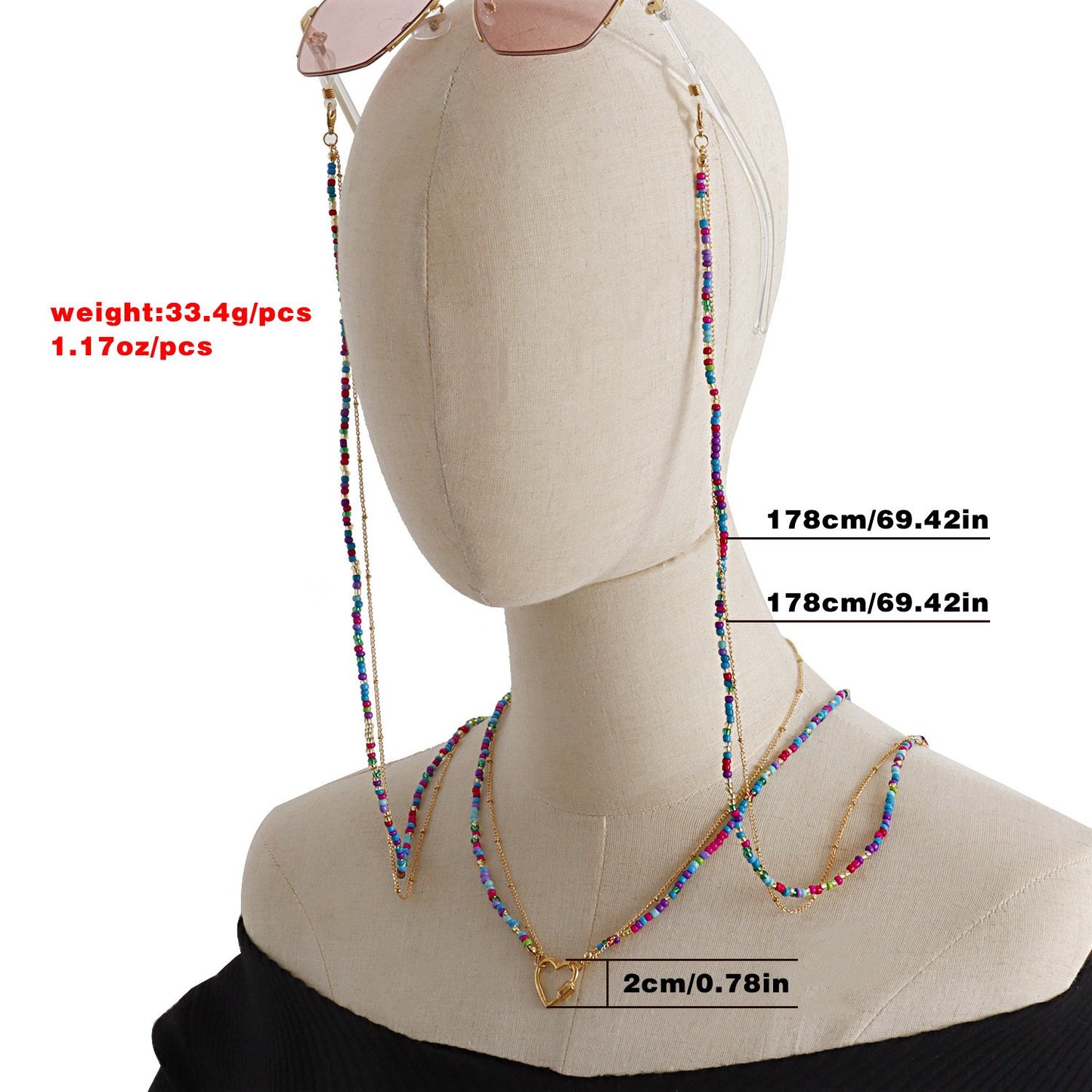 Jewelry colored rice beads metal love pendant mask chain glasses chain necklace around the neck integrated design