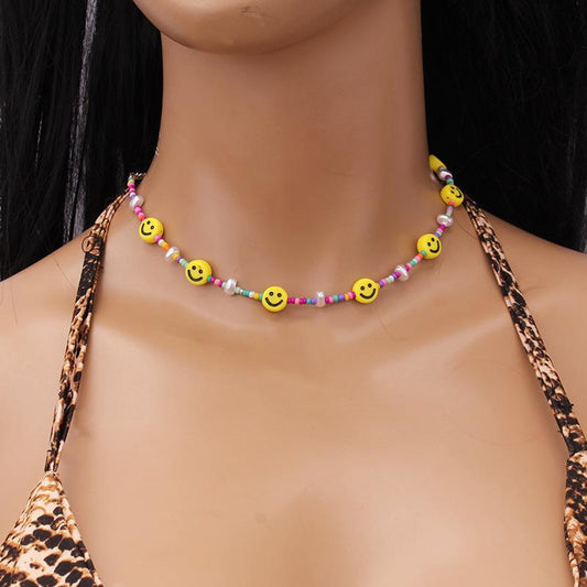 Handmade smiley face beaded necklace niche design ins cold net red same style
