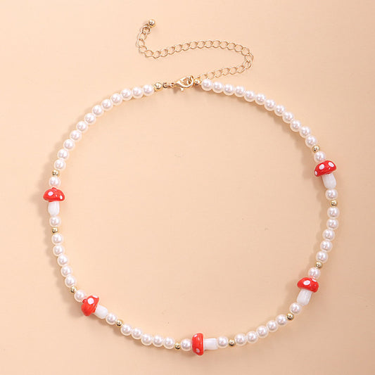 Jewelry Trend Simple Red Mushroom Pearl Necklace Women's Fashion Personality Short Money Jewelry