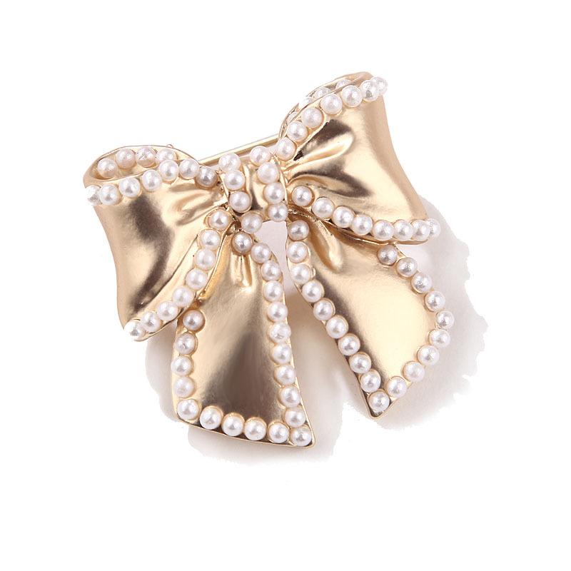 Fashion temperament metal matte gold bow corsage full of pearl flower brooch combination matching female