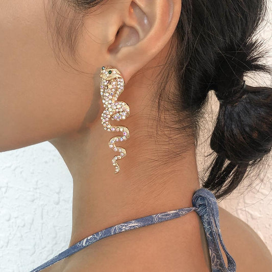 E9797 Exaggerated Snake Earrings Women's Retro AB Diamond Animal Earrings Personality Creative Night Street Shooting Earrings