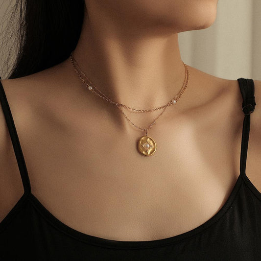 Double layer stainless steel retro coin pearl pendant necklace titanium steel sexy temperament elegant clavicle chain female