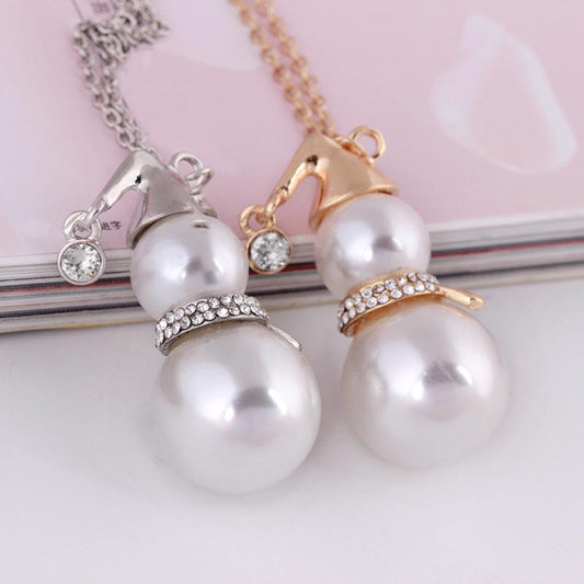 Jewelry Long Sweater Chain Christmas Gift Diamond Pearl Snowman Pendant Necklace