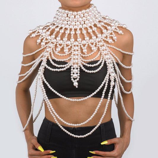 C419 Retro Exaggerated Heavy Industry Pearl Shawl Layered Tribal Hollow Weave Sexy Body Chain