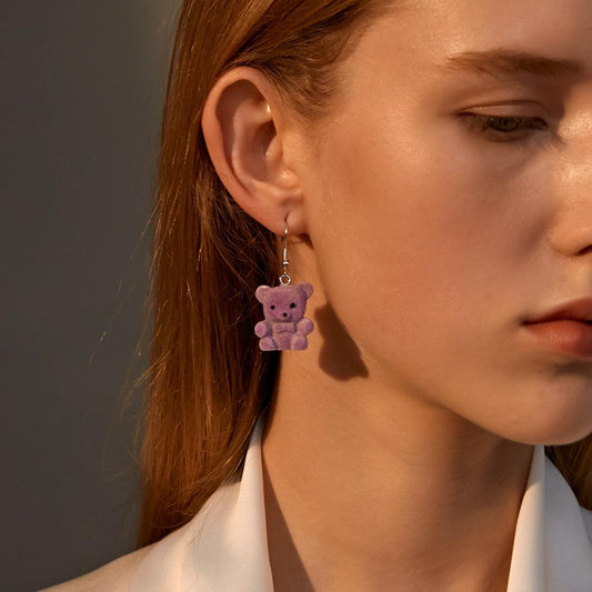 Cute flocking bear earrings cartoon girl earrings autumn and winter all-match net red plush small animal ear accessories