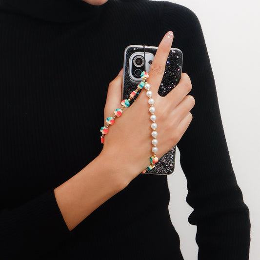 Jewelry hand-woven imitation pearl hit color mobile phone chain small fresh color heart simple lanyard
