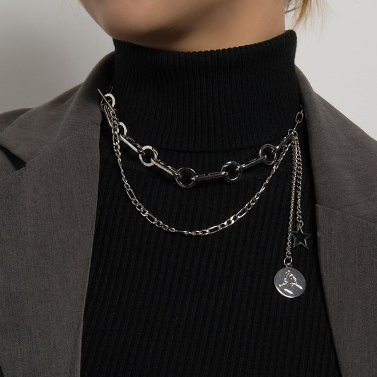 Jewelry fashion trend hip-hop ins multi-layered wearing round card pendant personalized splicing necklace
