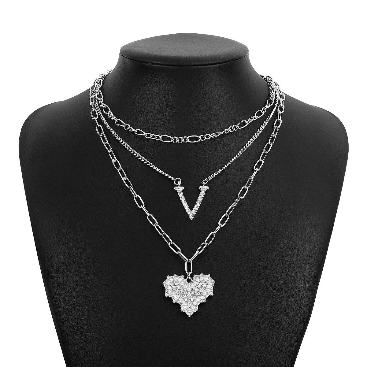 N1174 Exaggerated stacked geometric heart necklace imitation pearl rhinestone micro-inlaid V-shaped hip-hop punk necklace