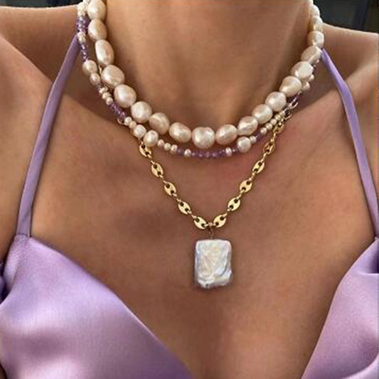 N1525 Bohemian ethnic multi-layer pearl necklace exaggerated temperament geometric stacked necklace female