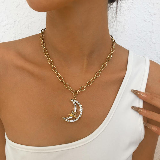 N9211 Personality Diamond Necklace Metal Texture Moon Necklace Cold and Cool Street Shot Necklace