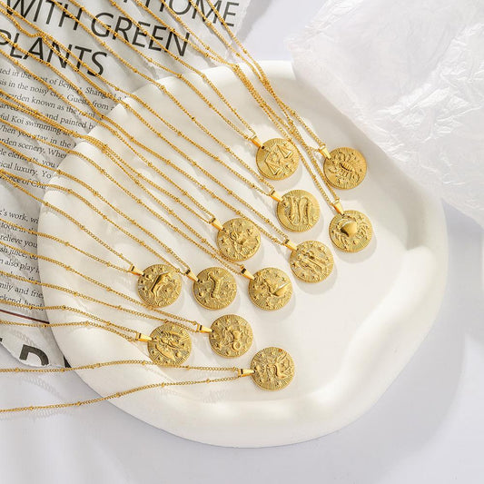 Stainless steel golden round twelve constellation coin embossed necklace light luxury niche design simple and versatile clavicle chain