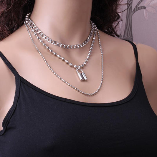 Beauty Jewelry Punk Exaggerated Blade Necklace Women's Fashion Retro Multi-layer Aluminum Chain Bead Lock Necklace