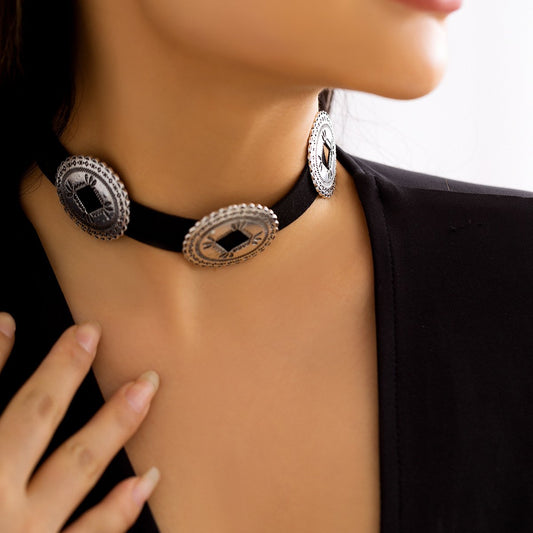 Retro flower plate alloy pendant velvet choker necklace femininity national turquoise single-layer choker necklace