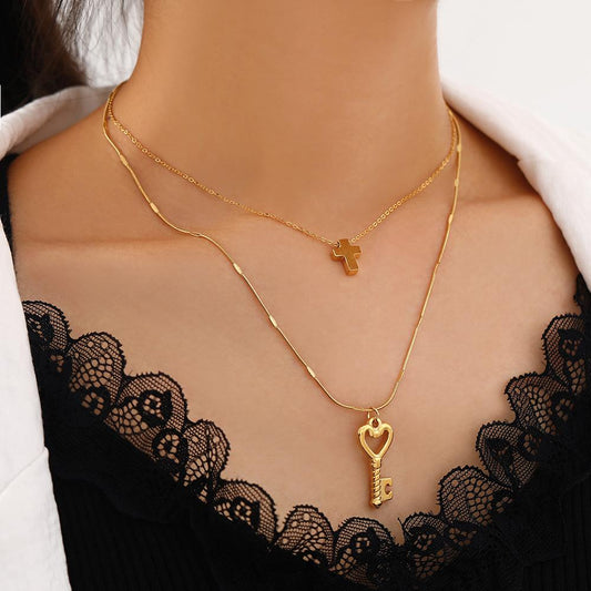 Ins niche light luxury titanium steel gold-plated cross collarbone chain fashion love personality key double layer necklace