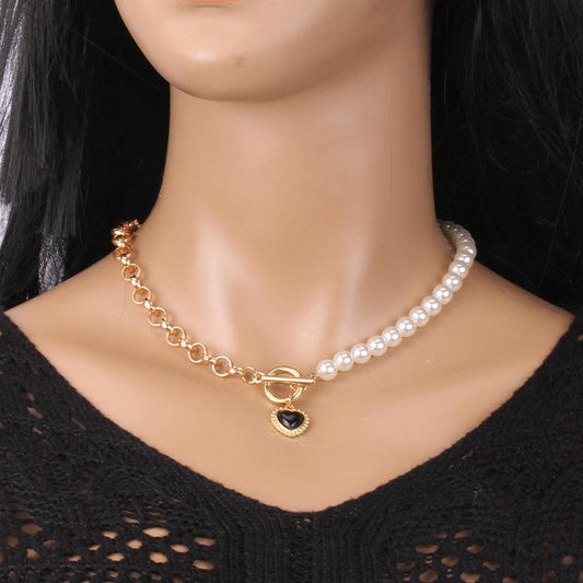 Ins super fire black agate peach heart clavicle chain imitation pearl necklace female trendy net red clavicle chain heart-shaped necklace