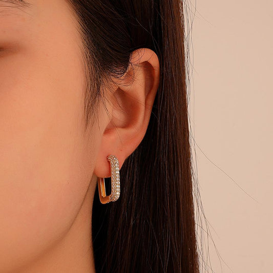 High-end copper inlaid zircon square earrings ins same fashion simple geometric earrings French style earrings for women