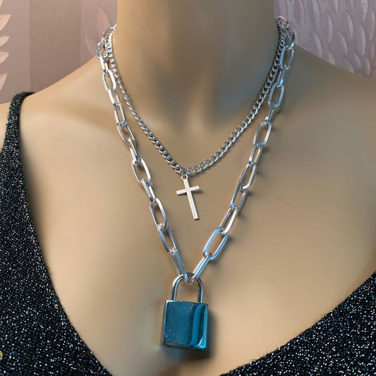Jewelry Trendy Geometric Lock Pendant Necklace Punk Street Rock Hip Hop Double Layer Necklace Necklace