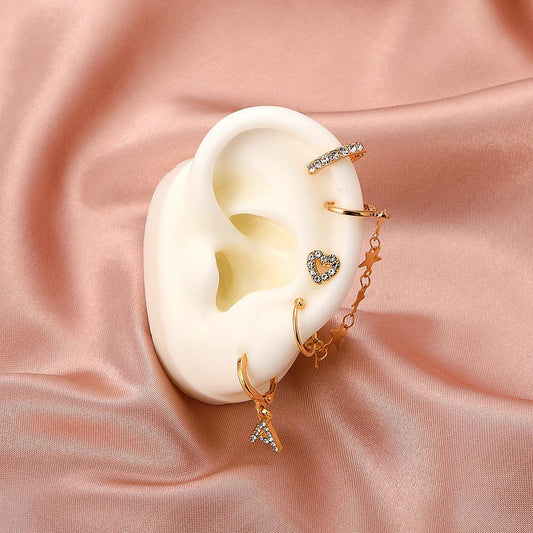 Retro star chain integrated ear clip set alloy diamond letter earrings 4 pieces without pierced earrings