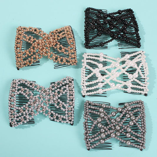 F1322 Creative Elastic Comb Magic Disc Hair Artifact Variety Hair Comb Pearl Bow Hair Clip