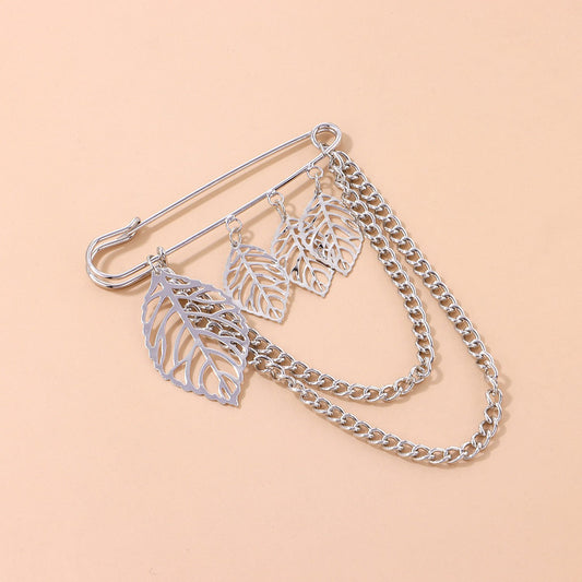 Jewelry Temperament Light Luxury Hollow Leaf Brooch Female Retro Trend Metal Chain Pin Accessories