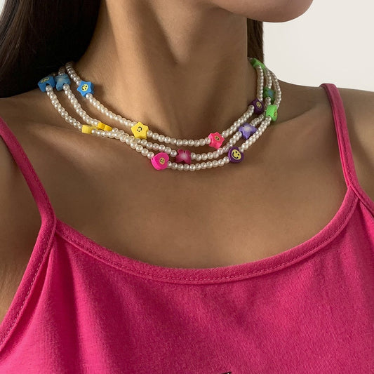 Ornament Imitation Pearl Beach Soft Pottery Clavicle Necklace Simple Butterfly Star Smiley Face Necklace