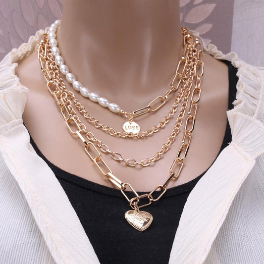 Necklace Retro Temperament Personality Thick Chain Pearl Necklace Embossed Simple Double Layer Love