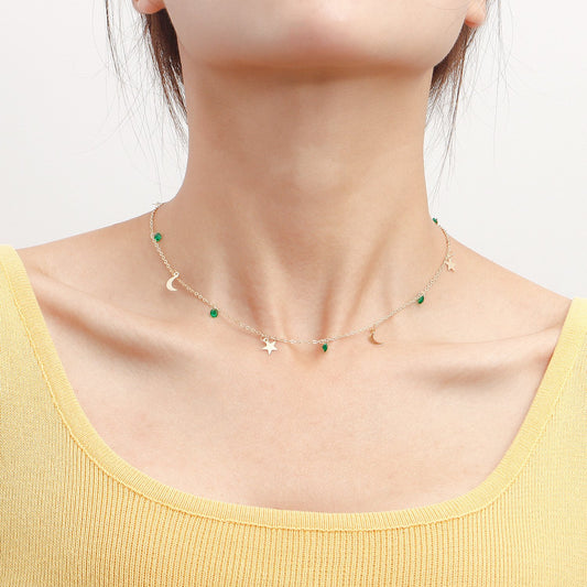 Jewelry Simple Necklace Green Crystal Star Crescent Pendant Necklace Female Light Luxury Niche