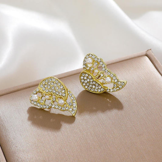 Ins micro-inlaid pearl butterfly earrings women's French light luxury butterfly dance double-layer detachable two-wear earrings tide