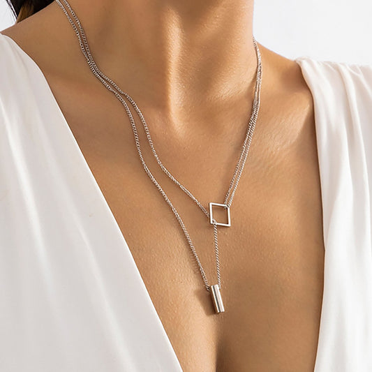 Jewelry Simple Hollow Square Alloy Pendant Necklace Female Creative Cross Geometric Double Layer Necklace