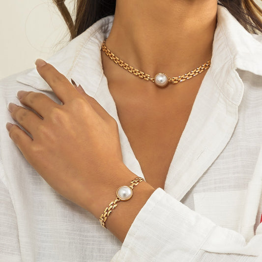 Jewelry Metal Texture Watch Chain Necklace Hip Hop Retro Inlaid Pearl Chain Clavicle Necklace