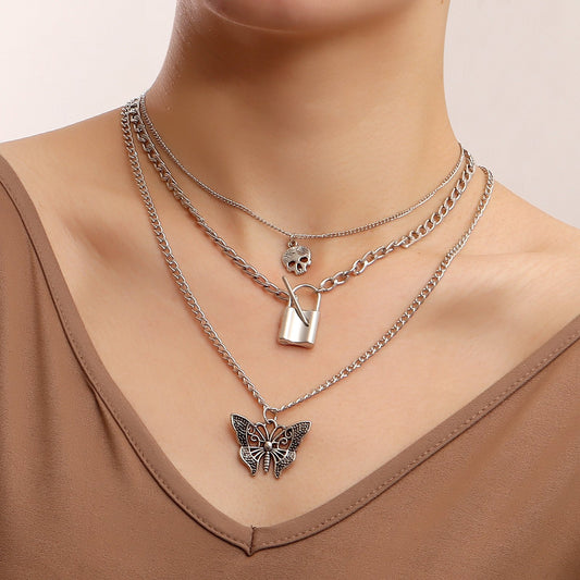 Explosive necklace female ins simple cold gothic padlock trend butterfly pendant diy necklace