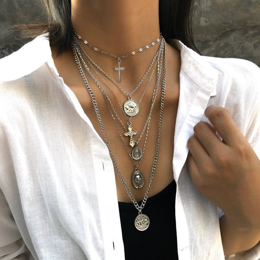 Jewelry Personality Geometric Cross Embossed Necklace Exaggerated Retro Multi-layer Long Portrait Necklace