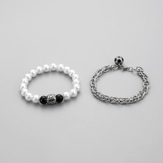 Simple Personality Trend Fashion Men's Pearl Stainless Steel Football Bracelet Set Stackable Hand Jewelry