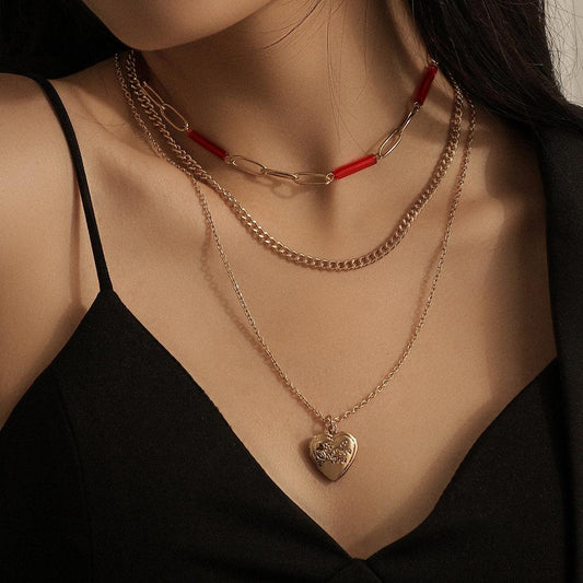 Retro three-layer stacked personalized crystal tube chain peach heart necklace creative openable love photo box pendant