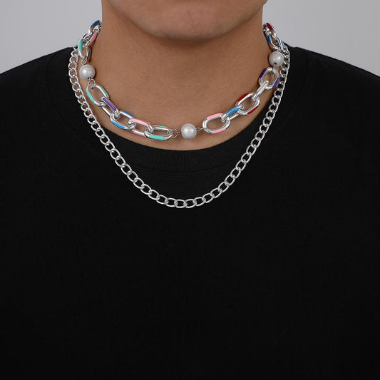 Bohemia Silver Stitching Reflective Pearl Double Layer Men's Necklace Fashion Colorful Geometric Clavicle Chain Men