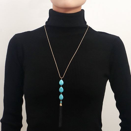 Accessories INS turquoise fringed sweater chain high-quality women's sweater necklace jewelry