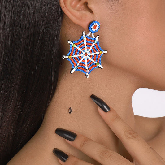 E179 Halloween Personality Handmade Rice Bead Necklace Micro-inlaid Spider Web Punk Hip Hop Exaggerated Earrings Female