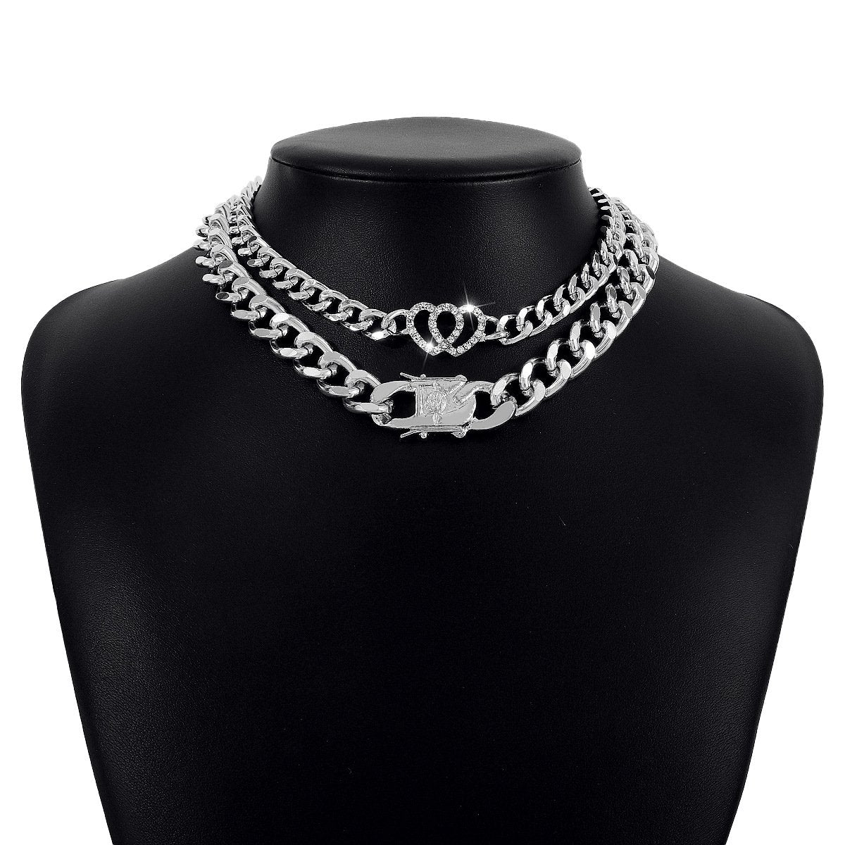 N1424 Exaggerated Thick Chain Personality Necklace Love Retro Punk Hip Hop Fashionable Double Layer Necklace