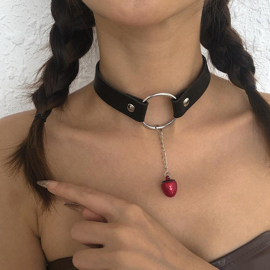 N9579 Exaggerated Personality Necklace Leather Resin Strawberry Necklace Punk Harajuku Night Retro Necklace
