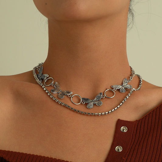 Jewelry Fashion Geometric Double Rhinestone Claw Chain Necklace Female Retro Trend Three-dimensional Butterfly Necklace